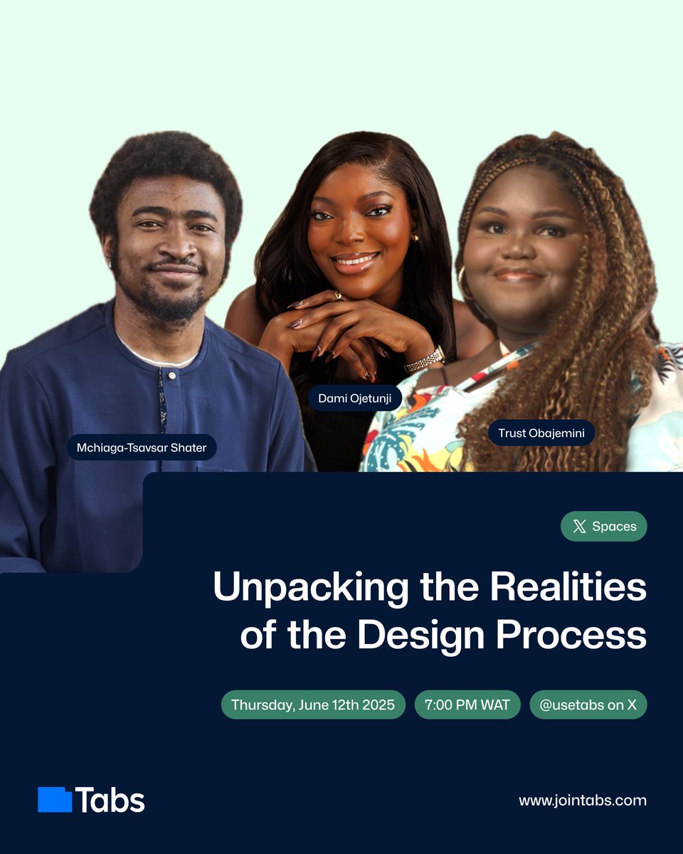 usetabs's tweet photo. Two Days To Go 🎙️

We’ll dive into the design process, debunking common myths, exploring how constraints can lead to innovation, navigating complexity and ambiguity, and discussing how platforms like Tabs help product teams to create impactful products for the African market. https://t.co/ZUhIEJOQRC