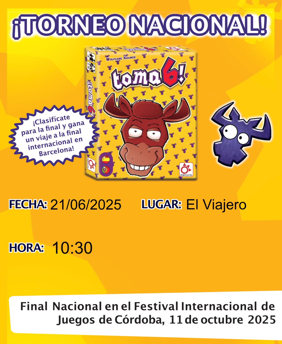 El próximo 21/06 organizaremos un clasificatorio para la final nacional de Toma6! Gracias a <a href="/Mercurio_Juegos/">Mercurio Distribuciones</a> podréis venir a ganar una plaza para la final nacional en Córdoba el 11 de octubre. Si quieres venir, avísanos #toma6 #juegodemesa