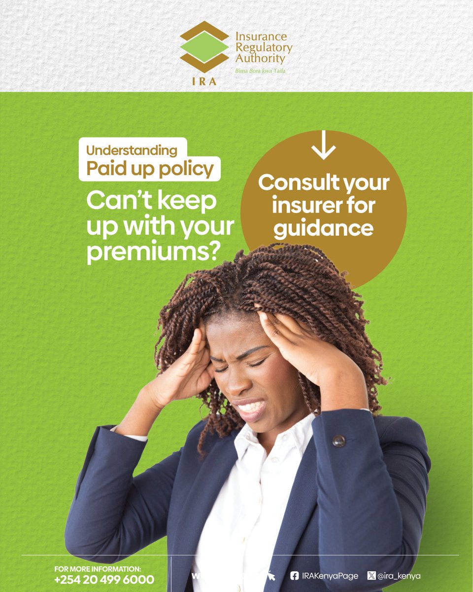 ira_kenya's tweet image. When tough times come knocking, speak to your insurer about converting your cover to a paid up policy instead of cancelling it.
Click here to learn more: youtu.be/Xd-uloVulmo
#InsureWithConfidence