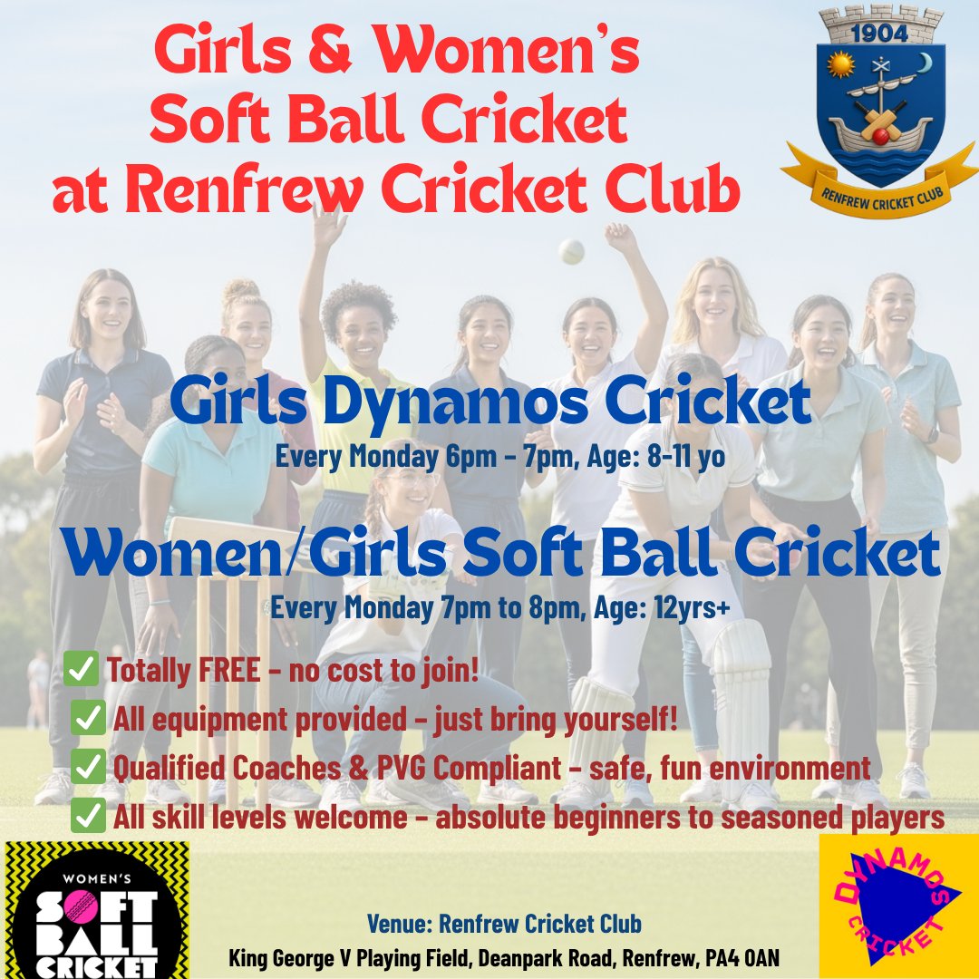 Ever wanted to give cricket a go? 

Now’s your chance!

Join us every Monday at Renfrew Cricket Club for fun, fitness, and friendship – all while playing soft ball cricket! 🌟

✅ Totally FREE

DM us for more info