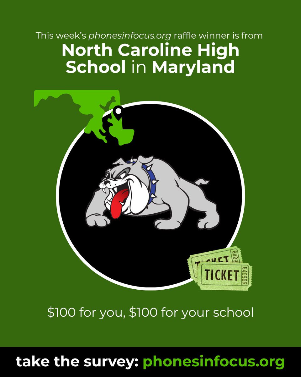 angeladuckw's tweet image. 🎉 Congrats to this week’s raffle winner from North Caroline High School in Maryland!
🏫📚 TEACHERS: take the confidential phonesinfocus.org survey to help shape policy and see how your school compares PLUS be eligible for our next drawing!
#PhonesInFocus #EdResearch…