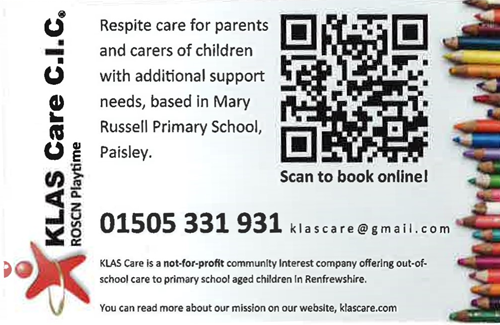 KLAS Care c.i.c  Respite care for parents and carers of children with additional Support needs, based in Mary Russell School, Paisley.  bookwhen.com/roscn-playtime