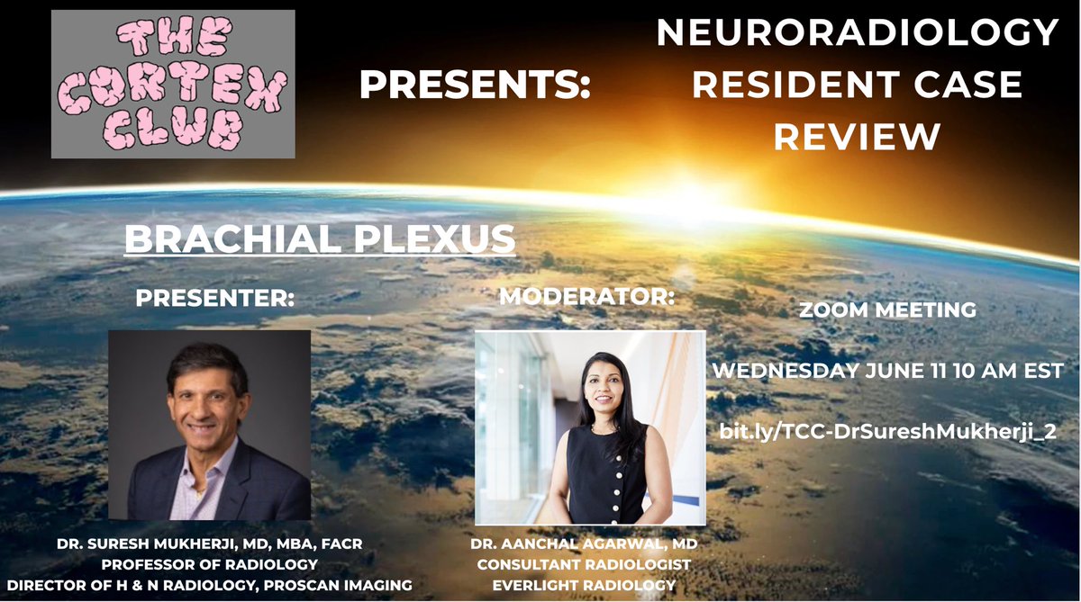 Justin McCloskey, MD (@j_mccloskeymd) on Twitter photo Please join us for our final <a href="/thecortexclub/">The Cortex Club</a> Neuroradiology Resident Case Review with the legendary <a href="/sureshmukherji/">Suresh Mukherji</a> on the Brachial Plexus tomorrow at 10 AM EST. Format is MCQs. <a href="/Aanch09/">Dr Aanchal Agarwal</a> will be our esteemed moderator.
Link to register: bit.ly/TCC-DrSureshMu…
<a href="/FOAMrad/">FOAMrad</a> Please join us for our final <a href="/thecortexclub/">The Cortex Club</a> Neuroradiology Resident Case Review with the legendary <a href="/sureshmukherji/">Suresh Mukherji</a> on the Brachial Plexus tomorrow at 10 AM EST. Format is MCQs. <a href="/Aanch09/">Dr Aanchal Agarwal</a> will be our esteemed moderator.
Link to register: bit.ly/TCC-DrSureshMu…
<a href="/FOAMrad/">FOAMrad</a>