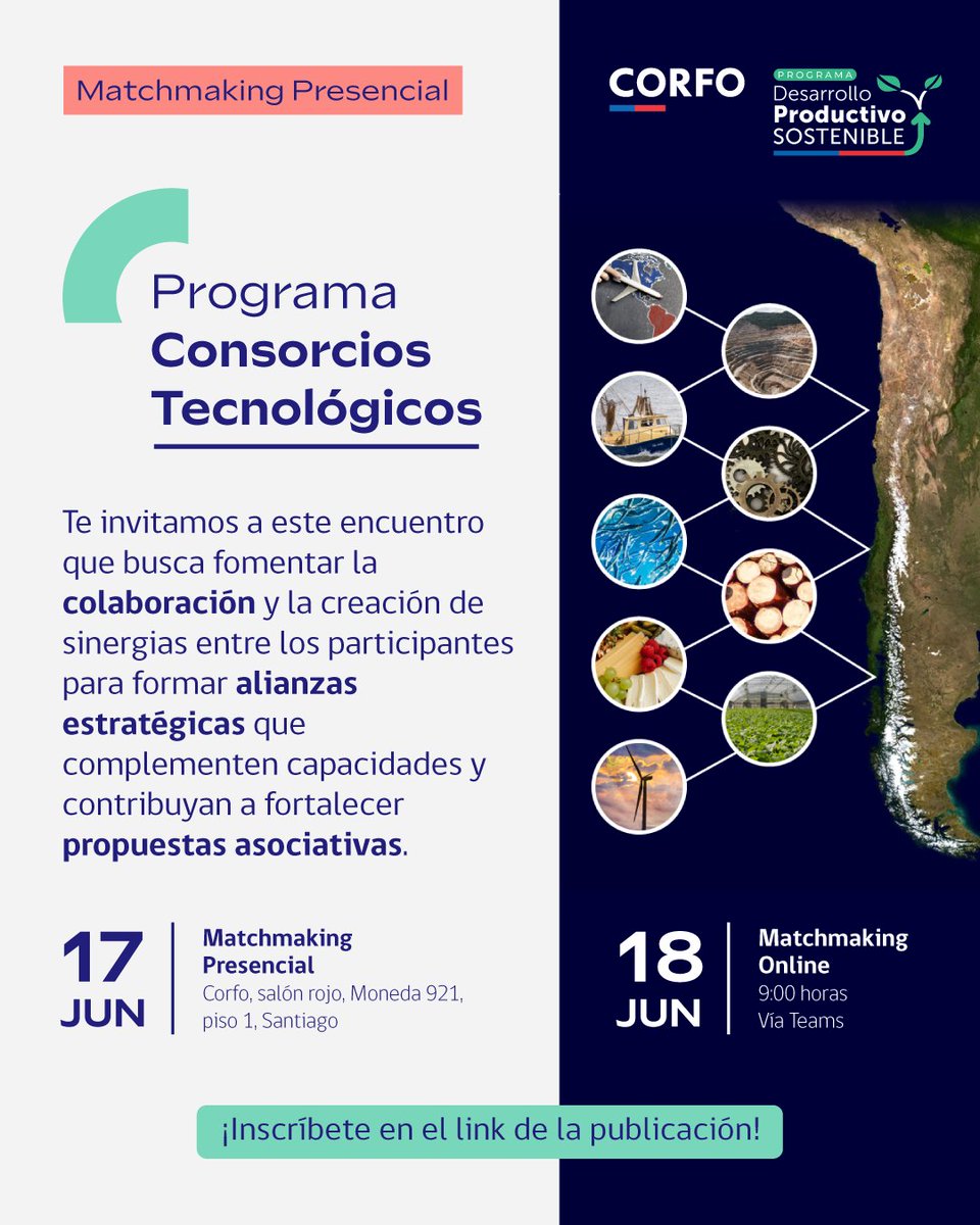 ➡️ ¿Quieres generar nuevas alianzas e impulsar tu postulación a nuestros Consorcios Tecnológicos? Participa de nuestros Matchmaking, de forma presencial o en línea, los próximos 17 y 18 de junio 🤝

➡️ Inscripciones 👉 💻📲 docs.google.com/forms/d/e/1FAI…