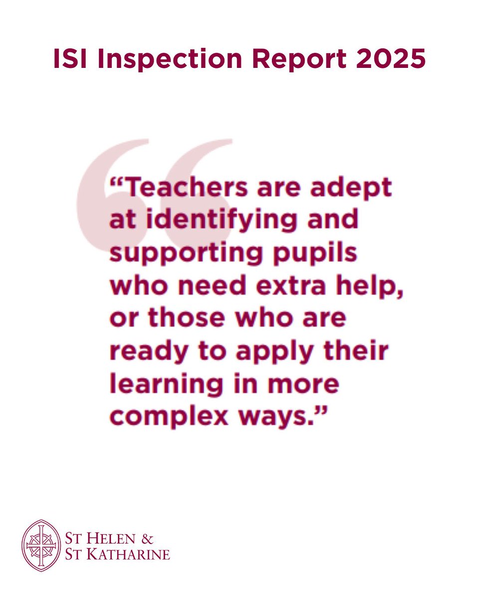 We are delighted to share another highlight from our recent ISI Inspection Report.

“Teachers are adept at identifying and supporting pupils who need extra help, or those who are ready to apply their learning in more complex ways.”

Read the full report: bit.ly/SHSKinspection…