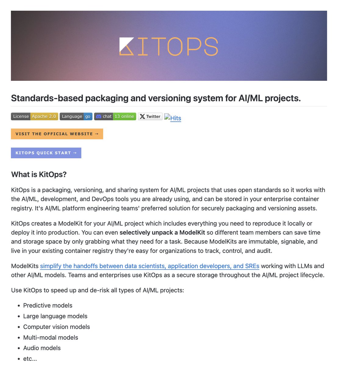 akshay_pachaar's tweet image. Zip files for AI/ML projects!
KitOps revolutionizes how teams package, version, and share AI/ML projects by creating a ModelKit, which is like a zip file containing the entire AI project—model, data, code, and settings.
100% open-source, Zero MLOps headaches.