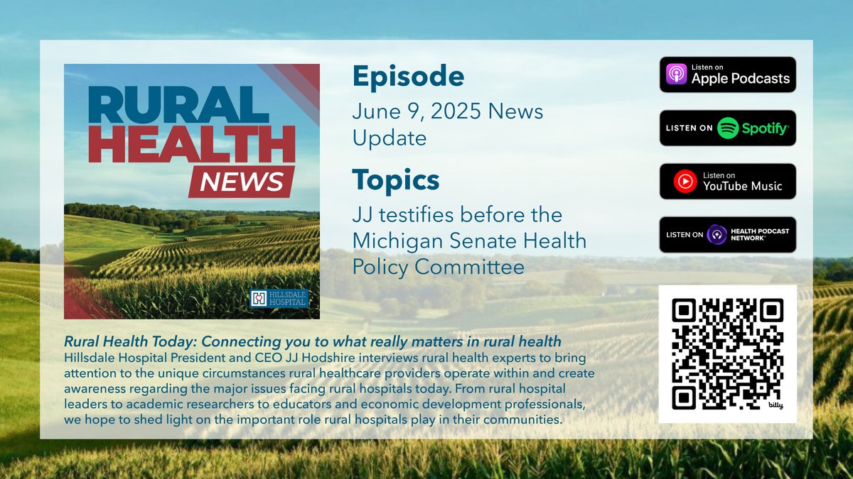On this week's Rural Health News update, we're featuring a recording of the recent testimony JJ Hodshire, president and CEO, gave before the Michigan Senate Health Policy Committee. Tune in wherever you get your podcasts or at hillsdalehospital.com/rural-health-t….