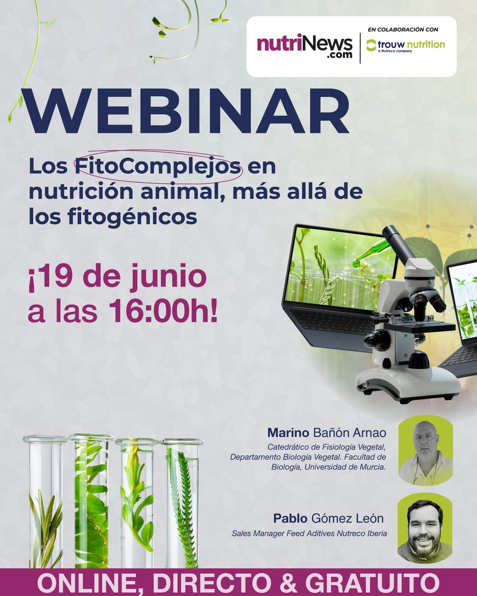 ¡Inscripción gratuita! 🛎️
Accede a este Webinar especial de #TrouwNutrition, en el que nos adentraremos en el mundo de los #FitoComplejos 🌱
🔗 agriseminar.com/trouwnutrition…