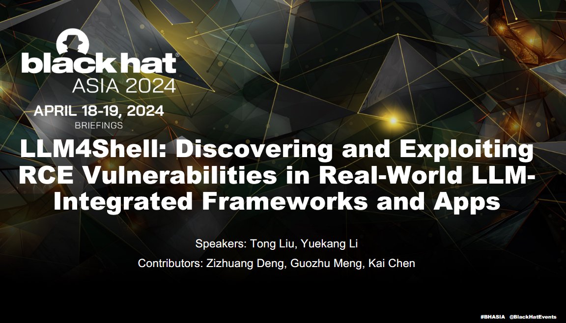 𝑳𝑳𝑴4𝑺𝒉𝒆𝒍𝒍: 𝑫𝒊𝒔𝒄𝒐𝒗𝒆𝒓𝒊𝒏𝒈 𝒂𝒏𝒅 𝑬𝒙𝒑𝒍𝒐𝒊𝒕𝒊𝒏𝒈 𝑹𝑪𝑬 𝑽𝒖𝒍𝒏𝒆𝒓𝒂𝒃𝒊𝒍𝒊𝒕𝒊𝒆𝒔 𝒊𝒏 𝑹𝒆𝒂𝒍-𝑾𝒐𝒓𝒍𝒅 𝑳𝑳𝑴-𝑰𝒏𝒕𝒆𝒈𝒓𝒂𝒕𝒆𝒅 𝑭𝒓𝒂𝒎𝒆𝒘𝒐𝒓𝒌𝒔 𝒂𝒏𝒅 𝑨𝒑𝒑𝒔

🤖 Prompt injection ➡️ Remote Code Execution?!
Tong Liu &amp; Yuekang Li show that