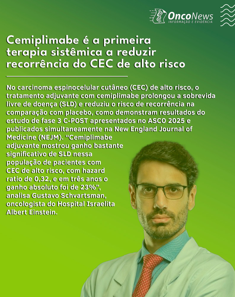 OncoNews (@portalonconews) on Twitter photo Cemiplimabe ADJ mostrou benefício sem precedentes nessa população de pts, reduzindo em 68% o risco de recidiva da doença ou morte; em 24 meses a SLD foi de 87,1% no grupo de cemiplimabe ADJ contra 64,1% no grupo controle. Saiba mais: tinyurl.com/mfm4jra7 <a href="/gustavoschv/">Gustavo Schvartsman</a> Cemiplimabe ADJ mostrou benefício sem precedentes nessa população de pts, reduzindo em 68% o risco de recidiva da doença ou morte; em 24 meses a SLD foi de 87,1% no grupo de cemiplimabe ADJ contra 64,1% no grupo controle. Saiba mais: tinyurl.com/mfm4jra7 <a href="/gustavoschv/">Gustavo Schvartsman</a>