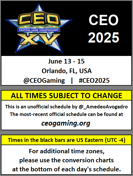 _AmedeoAvogadro's tweet image. Stream schedule for CEO 2025 #CEO2025

Brackets: start.gg/tournament/ceo…

info: @CEOGaming &amp;amp; ceogaming.org

Special thanks to @acekingoffsuit