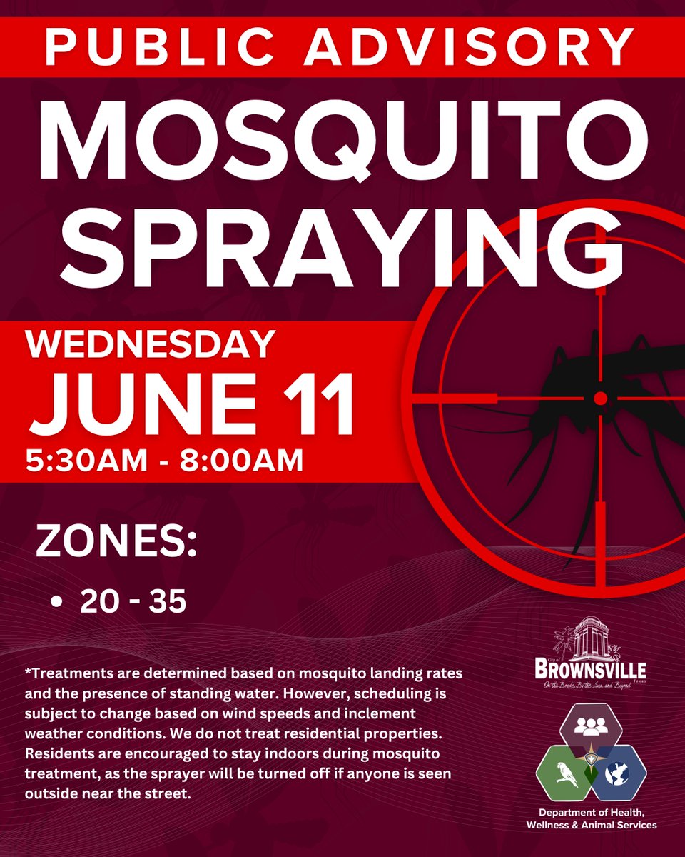 btxdhwas's tweet photo. The following zones will be treated on Wednesday morning, June 11, 2025. The zones scheduled for treatment are 20-35.
Requests for re-treatment will be considered during the week of June 23, 2025. Please refer to the map linked below for the latest updates https://t.co/8YRjYLYWfX https://t.co/66lastVpNG