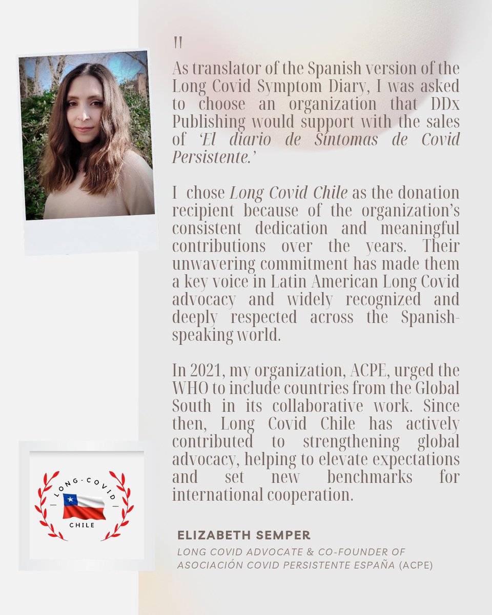 🫴 'As translator of the Spanish version of the Long Covid Symptom Diary, I was asked to choose an organization that DDx Publishing would support with the sales of ‘El diario de Síntomas de Covid Persistente.’ 

I  chose <a href="/LongCovidChile/">Long Covid Chile Oficial</a> as the donation recipient..