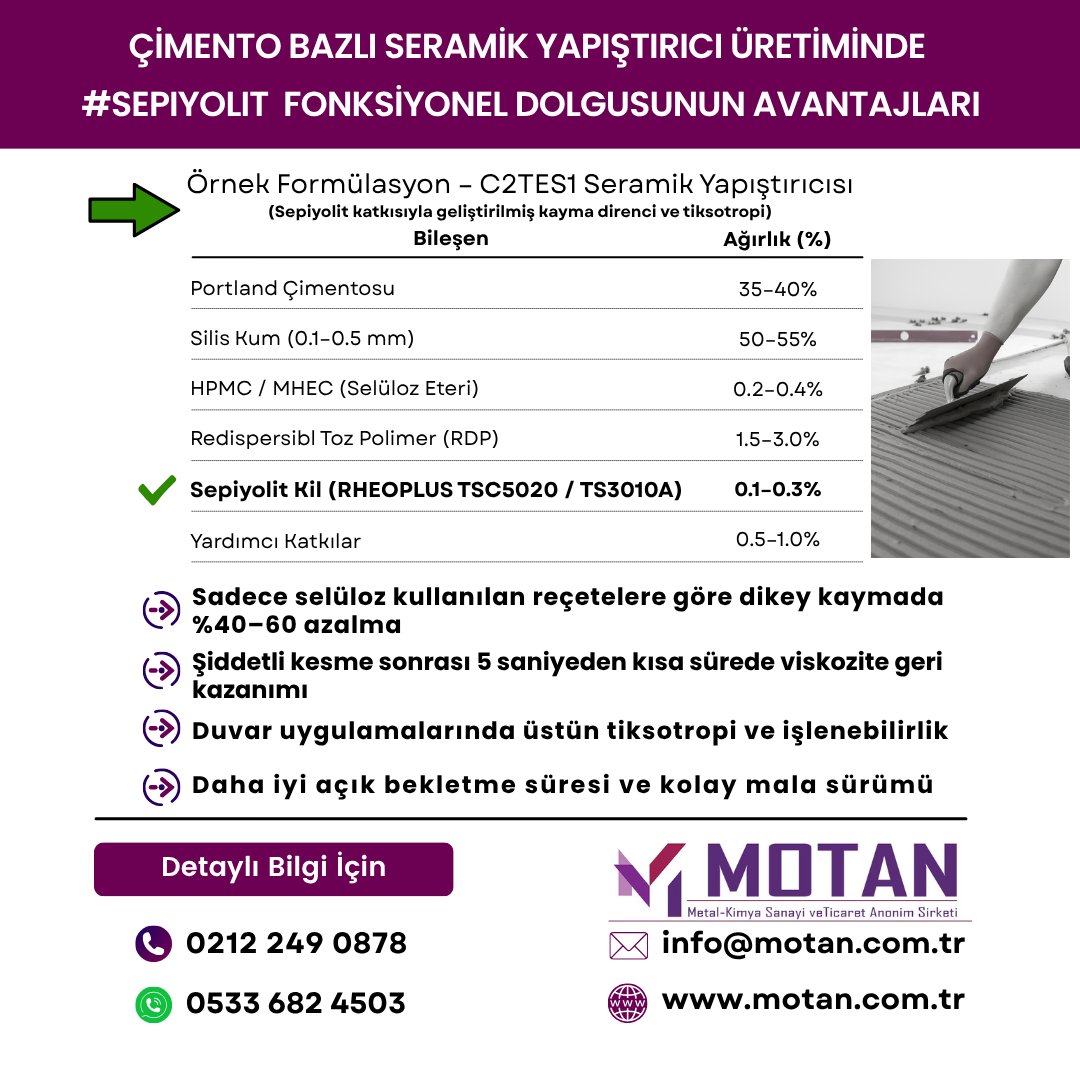 #ÇİMENTO BAZLI SERAMİK YAPIŞTIRICI ÜRETİMİNDE #SEPIYOLIT FONKSİYONEL DOLGUSUNUN AVANTAJLARI

#MotanKimya #SepiyolitKil #TS3010A #FonksiyonelDolgu #Boya #Kaplama #Seramik #Yapıştırıcı #Harç #AlçıSıvıları #DerzBileşikleri #Hızlandırıcı #Bitüm #Asfalt #YapıKimyasalları #ReolojiAjanı