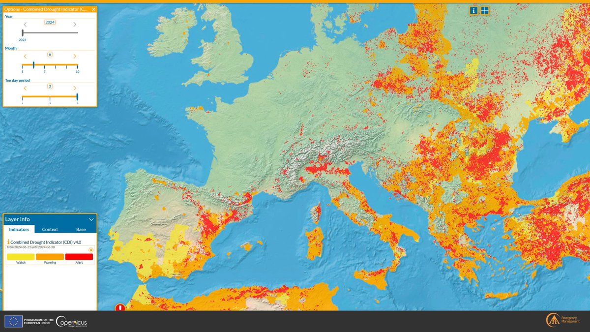 How do we monitor drought stress on vegetation and crops in Europe? 

The Combined Drought Indicator (CDI) is the flagship product of the #EDO 

🟡 Watch=low rainfall
🟠 Warning=low soil moisture
🔴 Alert=visible vegetation stress

Updated every 10 days: europa.eu/!WX3pwj