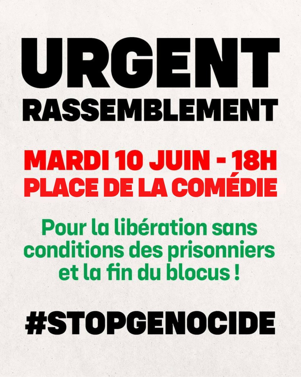 🔴 URGENT

Rassemblement pour la libération sans condition de l’équipage de la Flottille de la Liberté et contre le génocide à Gaza

#Montpellier 
#FreedomFlotilla