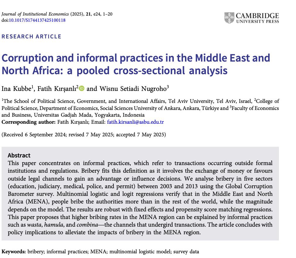 The article titled "Corruption and Informal Practices in the Middle East and North Africa: A Pooled Cross-Sectional Analysis" co-authored by our faculty member Assist. Prof. <a href="/FatihKirsanli/">Fatih Kırşanlı</a>, has been published in the "Journal of Institutional Economics".