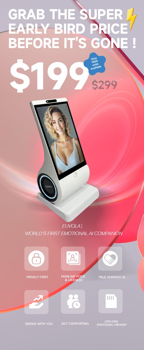 EuvolaOffical's tweet photo. 🚀 IT'S LIVE! 🚀

Euvola, the emotional AI companion that listens, remembers, and truly cares, has launched on Kickstarter.

Experience the future of connection. Super Early Bird spots (33% OFF) are available now!

https://t.co/1bOt90SZHB

#AI #LaunchDay #Kickstarter https://t.co/CZJUvfMSWw