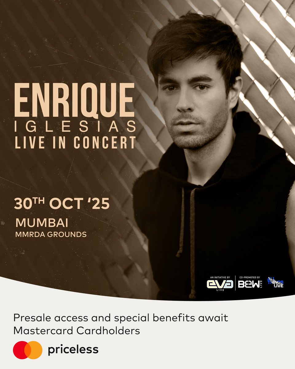 India, are you ready? 🎤

Multi-Grammy-winning global icon Enrique Iglesias is set to light up Mumbai with a one-night-only concert on 30th October 2025 at MMRDA Grounds, BKC.

And here’s something exclusive – Mastercard cardholders will enjoy a presale window from 20th June, 12