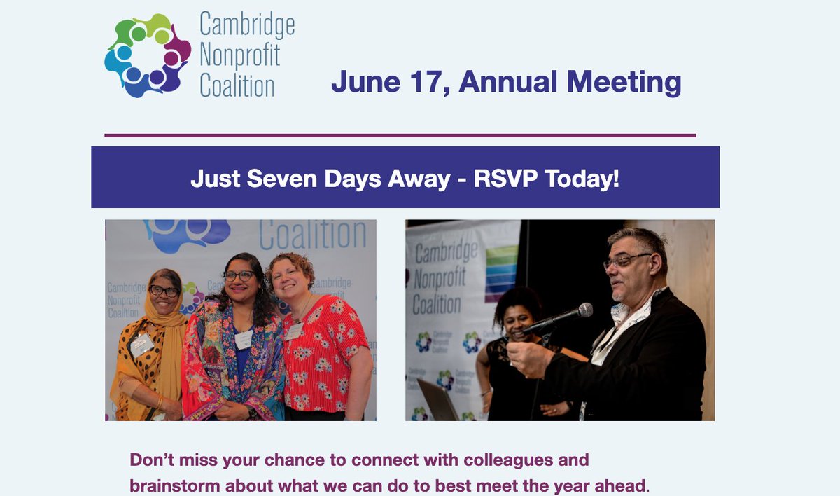 CambNonprofits's tweet photo. CNC June 17, Annual Meeting: One Week Left!!!

Join us for a dynamic &amp; forward-looking gathering.
Tuesday, June 17, 2025.
@ The Foundry, 101 Rogers street.
9:00am -11:00am.
Register Now! https://t.co/RMMBk0sgqy https://t.co/ONlR9NuaA7