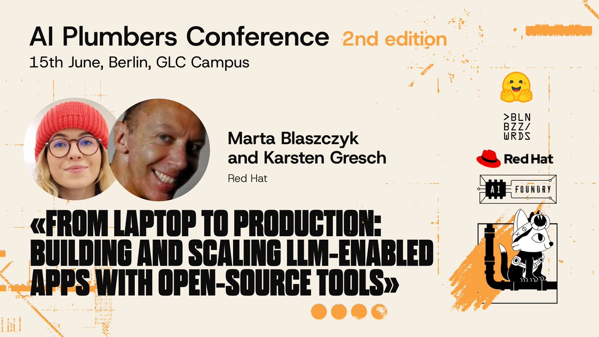 InstructLab's tweet image. Join us at AI Plumbers Conference on June 15 in Berlin!

From Red Hat, Marta and Karsten will present how to go from a notebook sketch to a production-ready LLM app using #opensource tools like Podman AI Lab and #InstructLab

Details and registration: lu.ma/vqx423ct