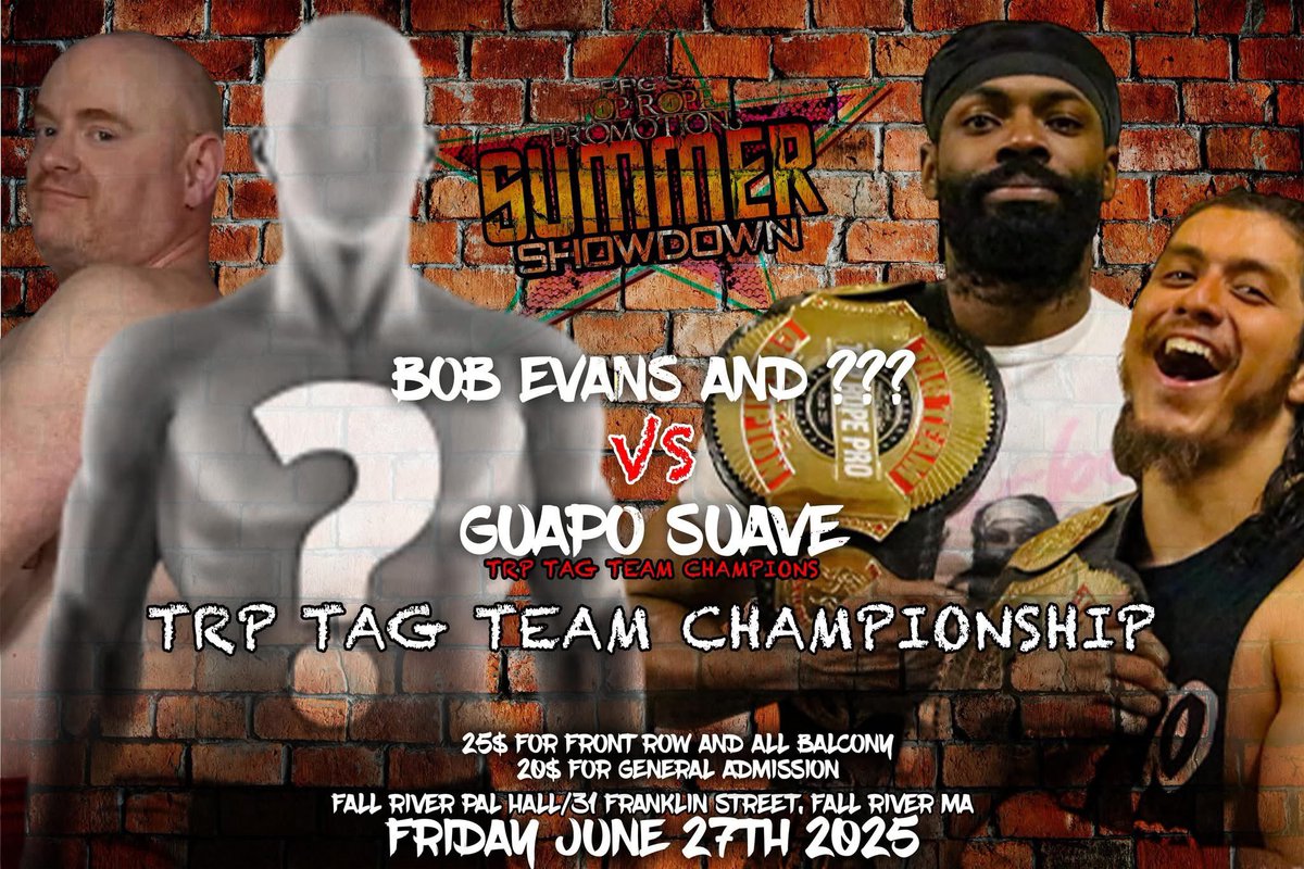 Top Rope Promotions (@topropepro) on Twitter photo The Tag Team Titles are on the line, as former Champion <a href="/brutalbobevans/">“Brutal” Bob Evans</a> returns to Fall River with a mystery Partner. Newly Crowned Tag Team Champions Guapo Suave@(Lex Lozano and Diego Alvarez) are not ready to let the newly acquired gold go.
eventbrite.com/e/summer-showd… The Tag Team Titles are on the line, as former Champion <a href="/brutalbobevans/">“Brutal” Bob Evans</a> returns to Fall River with a mystery Partner. Newly Crowned Tag Team Champions Guapo Suave@(Lex Lozano and Diego Alvarez) are not ready to let the newly acquired gold go.
eventbrite.com/e/summer-showd…