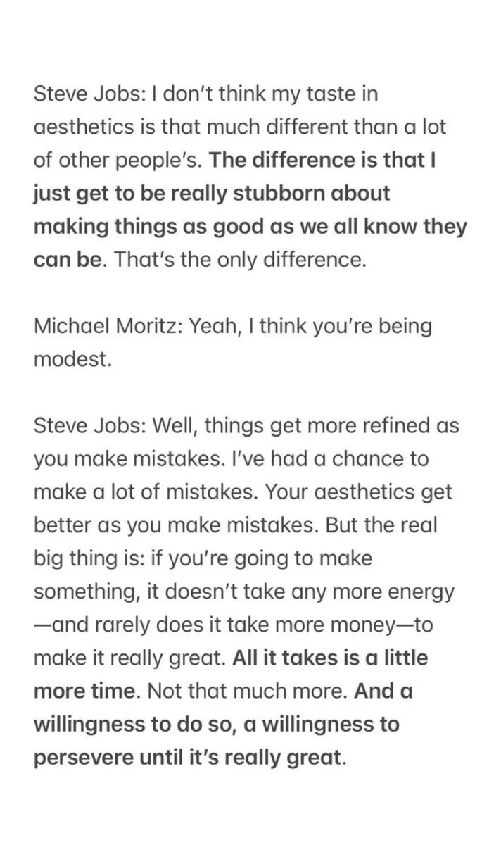zfellows's tweet image. Steve Jobs on taste, stubbornness, and time: