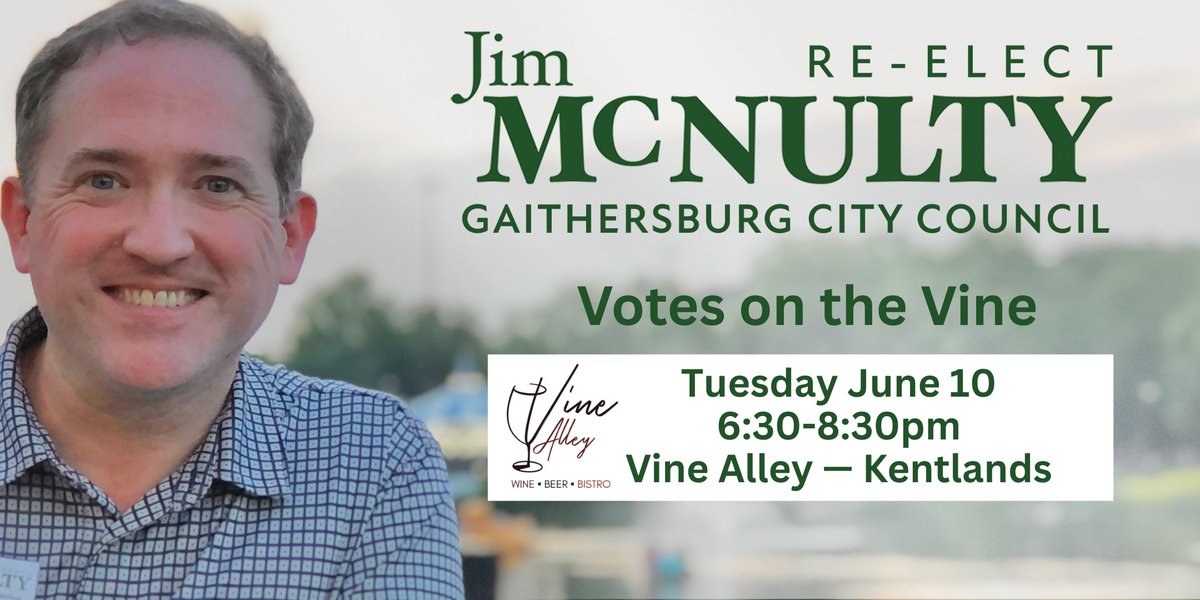 Join us at Vine Alley tonight from 6:30-8:30pm for my first reelection event in the Kentlands! facebook.com/share/1AYtWGwE…

#election2025 #votelocal #gburg #moco #mdpolitics #gaithersburg #fundraiser