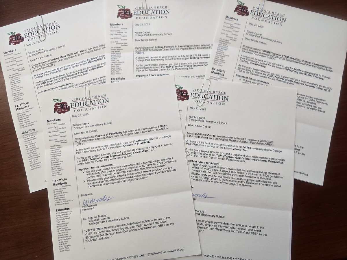 I am so excited!  I got 5 VBEF Grants as well as a grant from Burns &amp; McDonnell for next school year.  I can't wait to get all of this set up for this summer for our students and staff!  <a href="/vbschools/">VBSchools</a> #vbits <a href="/DrManigo/">Dr. Manigo</a> <a href="/SaraMendez1/">Sara Mendez</a> <a href="/vbedfound/">VB Education Foundation</a>