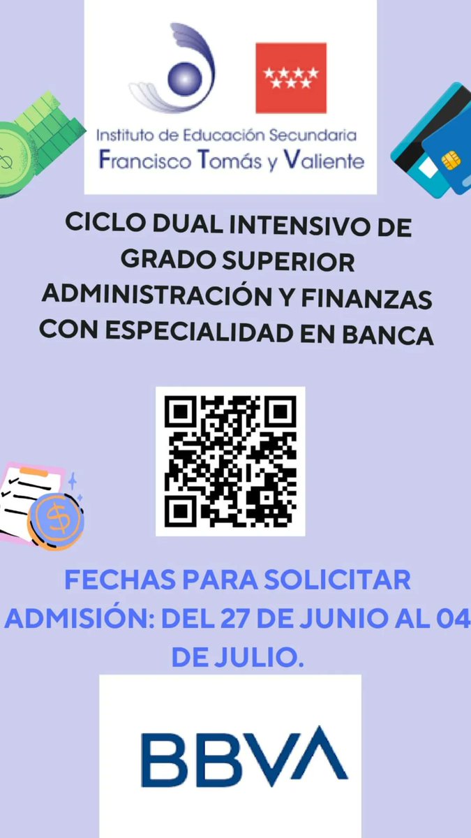 Nuevo ciclo de entrada superior de administración y finanzas especializado en banca con uno de los grupos bancarios más importantes de España como es el BBVA! 😱💥Ciclo de modalidad dual intensiva en el que se garantizan unas mil horas de prácticas en oficina bancaria 🏦