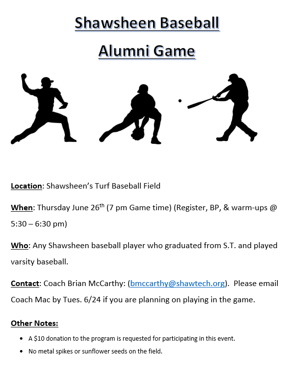 It's that time of year again... The 7th Annual Shawsheen Baseball Alumni Game is coming up.

Help get the word out to anyone you played with. Let's get together and have another great game and fun night. #GoRams 

Details below: