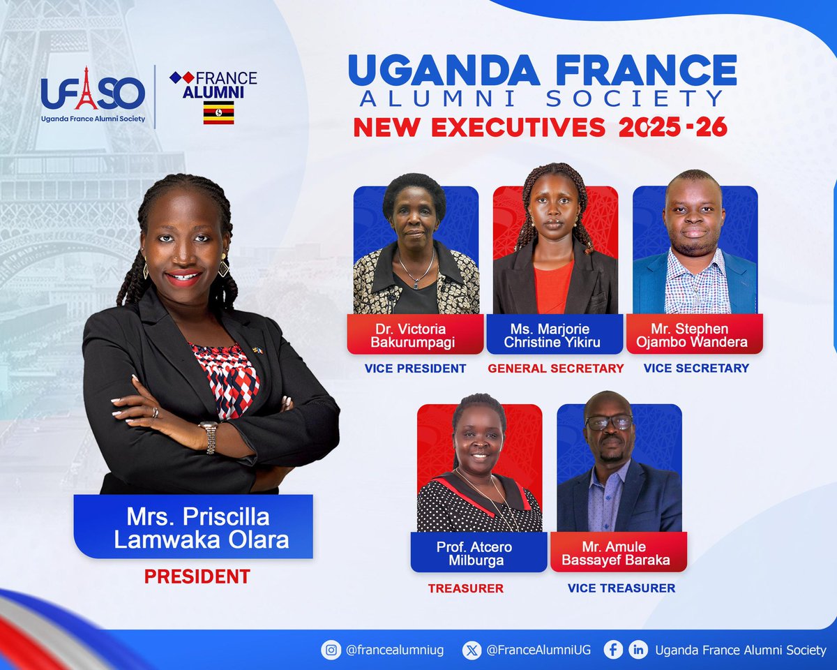Uganda France Alumni Society 🇺🇬🇫🇷 (@francealumniug) on Twitter photo We are excited to announce and unveil our new executive committee members. We trust in their leadership skills & capacity to serve the alumni Fraternity. Congratulations to the team led by <a href="/PriscillaLamwa2/">Priscilla Claire Lamwaka ( PLC)</a>. <a href="/FrenchEmbassyUg/">France in Uganda 🇫🇷🇺🇬</a> <a href="/XavierSticker/">Xavier Sticker</a> <a href="/CampusFranceUg/">Campus France Uganda</a> <a href="/ProfsFLEouganda/">Association des professeurs de français en Ouganda</a> We are excited to announce and unveil our new executive committee members. We trust in their leadership skills & capacity to serve the alumni Fraternity. Congratulations to the team led by <a href="/PriscillaLamwa2/">Priscilla Claire Lamwaka ( PLC)</a>. <a href="/FrenchEmbassyUg/">France in Uganda 🇫🇷🇺🇬</a> <a href="/XavierSticker/">Xavier Sticker</a> <a href="/CampusFranceUg/">Campus France Uganda</a> <a href="/ProfsFLEouganda/">Association des professeurs de français en Ouganda</a>