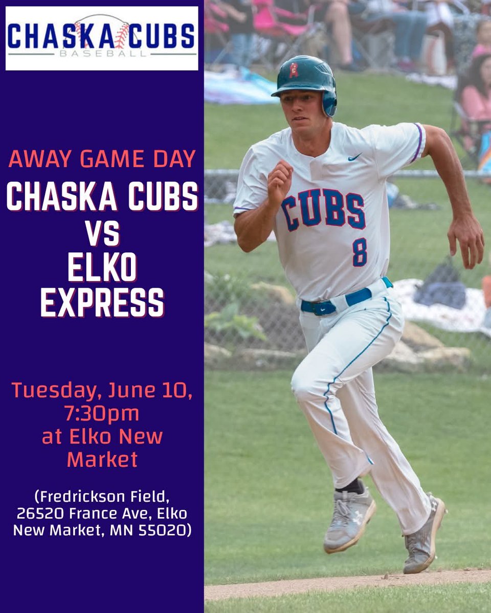Chaska Cubs (@chaskacubs) on Twitter photo ⚾ GAME DAY - AWAY GAME:
❗TODAY, June 10, 7:30pm AT ELKO NEW MARKE
➡️(Fredrickson Field, 26520 France Ave, Elko New Market, MN 55020)
🐻 CHASKA CUBS vs <a href="/ElkoExpress/">Elko Express🚂</a> 🚂
🎉 Let's go, Cubbies! ⚾ GAME DAY - AWAY GAME:
❗TODAY, June 10, 7:30pm AT ELKO NEW MARKE
➡️(Fredrickson Field, 26520 France Ave, Elko New Market, MN 55020)
🐻 CHASKA CUBS vs <a href="/ElkoExpress/">Elko Express🚂</a> 🚂
🎉 Let's go, Cubbies!