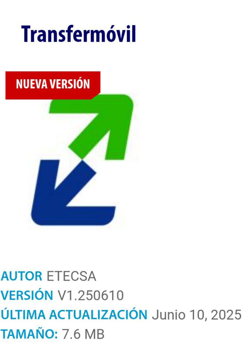 ✳️NUEVA VERSIÓN DE TRANSFERMÓVIL✳️
Versión: V. 1.250610
Fecha: 10 de junio de 2025

Novedades:
✅️ Se amplían las reservas para la compra del Gas Licuado desde el monedero móvil MiTransfer en las provincias de Granma y Santiago de Cuba.
📥🦋 APKLIS - apklis.cu/application/cu…