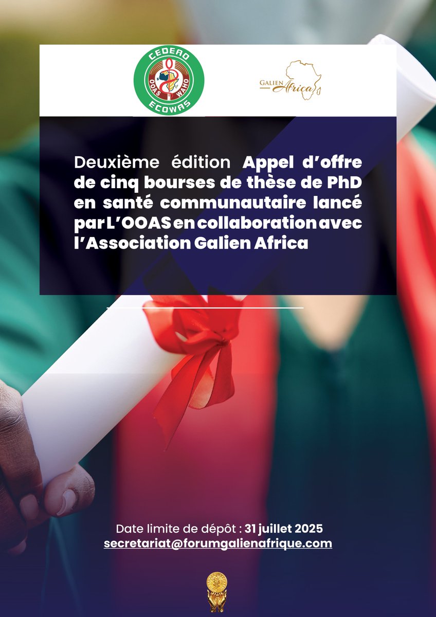 🎓 L’OOAS et Galien Africa offrent 5 bourses doctorales en santé communautaire pour les jeunes chercheurs ou professionnels de la #CEDEAO.

Ces bourses accompagnent les candidats tout au long de leur thèse (2025-2028) avec un appui financier pour la recherche, l’inscription et