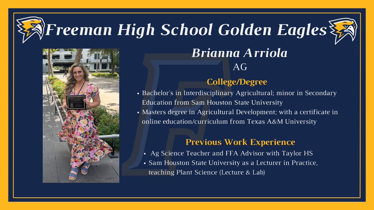 Jenna Robinson (@jrob081) on Twitter photo Meet Mrs. Arriola! We’re excited to welcome her to our Freeman CTE team as our new Ag Science Teacher! She brings energy, expertise, and a passion for all things AG to our Golden Eagle Family!! 🦅 <a href="/GoldenFHSEagles/">Freeman High School</a> <a href="/Freeman_FFA/">Freeman FFA</a> Meet Mrs. Arriola! We’re excited to welcome her to our Freeman CTE team as our new Ag Science Teacher! She brings energy, expertise, and a passion for all things AG to our Golden Eagle Family!! 🦅 <a href="/GoldenFHSEagles/">Freeman High School</a> <a href="/Freeman_FFA/">Freeman FFA</a>