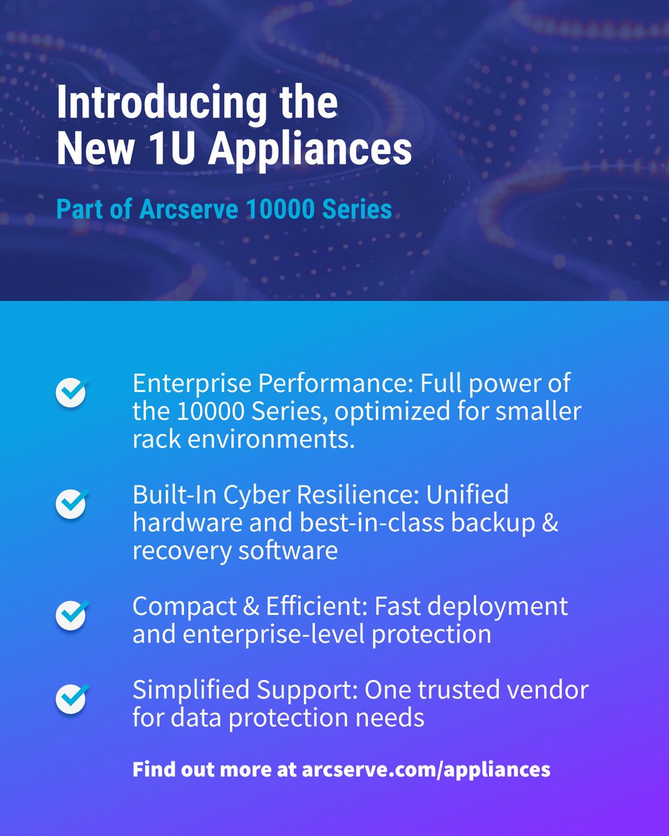 💪 Compact. Powerful. Hassle-Free. Meet the new turnkey 1U appliances, part of Arcserve 10000 Series for data resilience. 

✅ Robust backup and recovery 
✅ Seamless integration 
✅ Advanced storage options 

Learn more today: arcserve.com/data-protectio…

#UDP #ArcserveAppliances