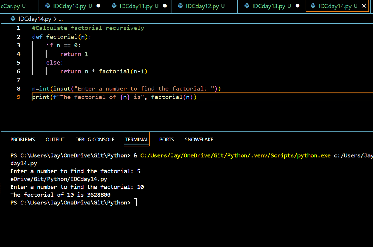 coolj1784's tweet photo. ✅ Day 14 completed with @indiandataclub  !
📚 Dived into recursive functions and cracked the logic of base cases 🔁
🎯 Challenge: Calculated factorial recursively — function calling itself like a boss! 😎💡
#30DaysOfPython #IDC30DaysChallenge #Python #Recursion #KeepCoding https://t.co/ohMzeqIjXG