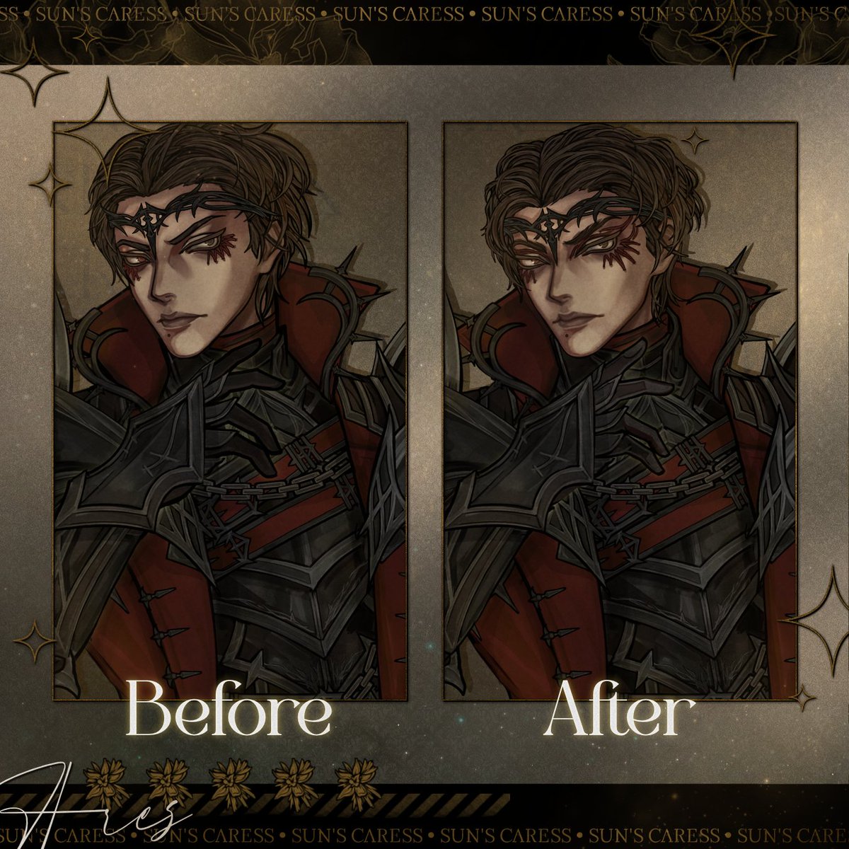peachlilystudio's tweet image. So, I've adjusted Ares' sprite a little. Mostly anatomical adjustements around the face and fingers. :)
I also pushed his eye stitches' design a little further, since they're important to his lore (yes, these red thingies are in fact small stitches). 🥰
#Otome #VisualNovel