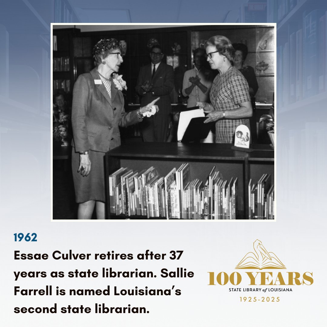 State Library of Louisiana (@statelibraryla) on Twitter photo <a href="/StateLibraryLA/">State Library of Louisiana</a> celebrates 100 yrs: In 1962, LA’s first state librarian Essae Culver retired after a 37-yr career. Most of LA’s public libraries exist because of her demonstration library system, which allowed parishes to experience a #publiclibrary before creating their own. <a href="/StateLibraryLA/">State Library of Louisiana</a> celebrates 100 yrs: In 1962, LA’s first state librarian Essae Culver retired after a 37-yr career. Most of LA’s public libraries exist because of her demonstration library system, which allowed parishes to experience a #publiclibrary before creating their own.