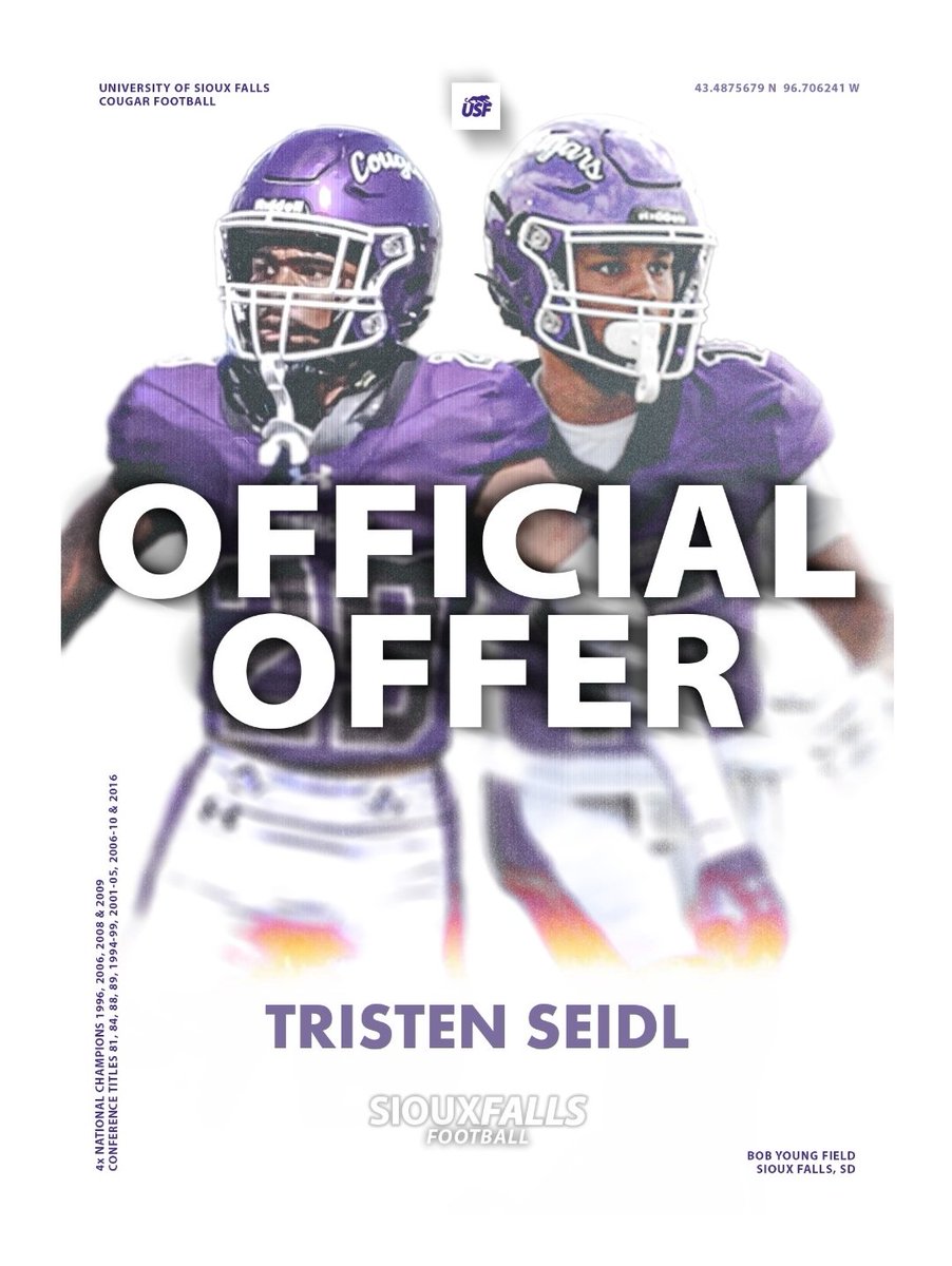 TristenSeidl's tweet photo. Thank you to @USFCougarsFB and @JimGlogowski @jakob_thut @CoachJ_USF @_Coach_McCall @CoachCapUSF for the Official Offer to play football @USiouxFalls @TrentonLuera14 @damehova9 @MJ_NFLDraft @PrepRedzoneWI @ODFBall @NXLevel_1 @travisWSN @ra_da_coach @BigTime1250 #PAIN #BIGTasty https://t.co/zQobQeSgfi