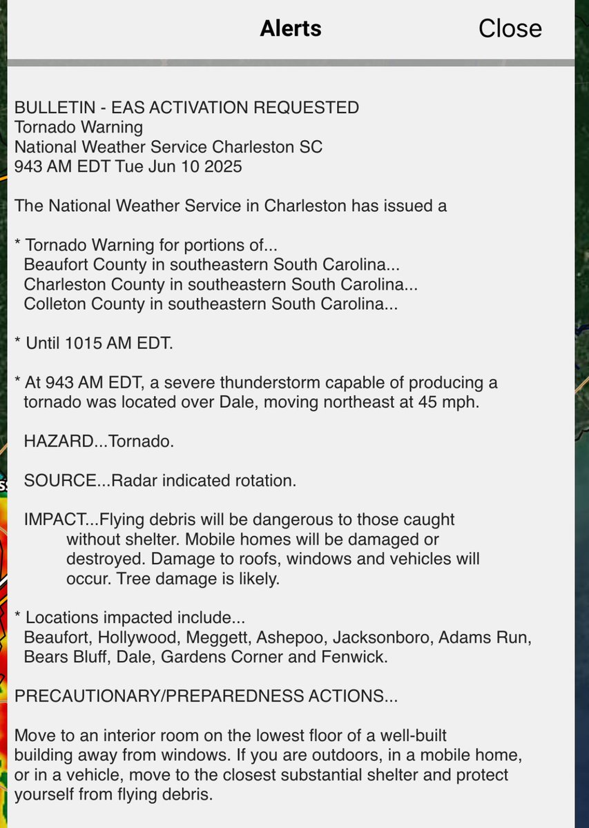 🌪️ TUE-9:47 AM: Tornado Warning has been issued for western Colleton County and western Charleston County until 10:15 AM. This is radar indicated - if you are in the polygon - seek shelter. We are monitoring as this moves northeast towards the low country. #scwx
