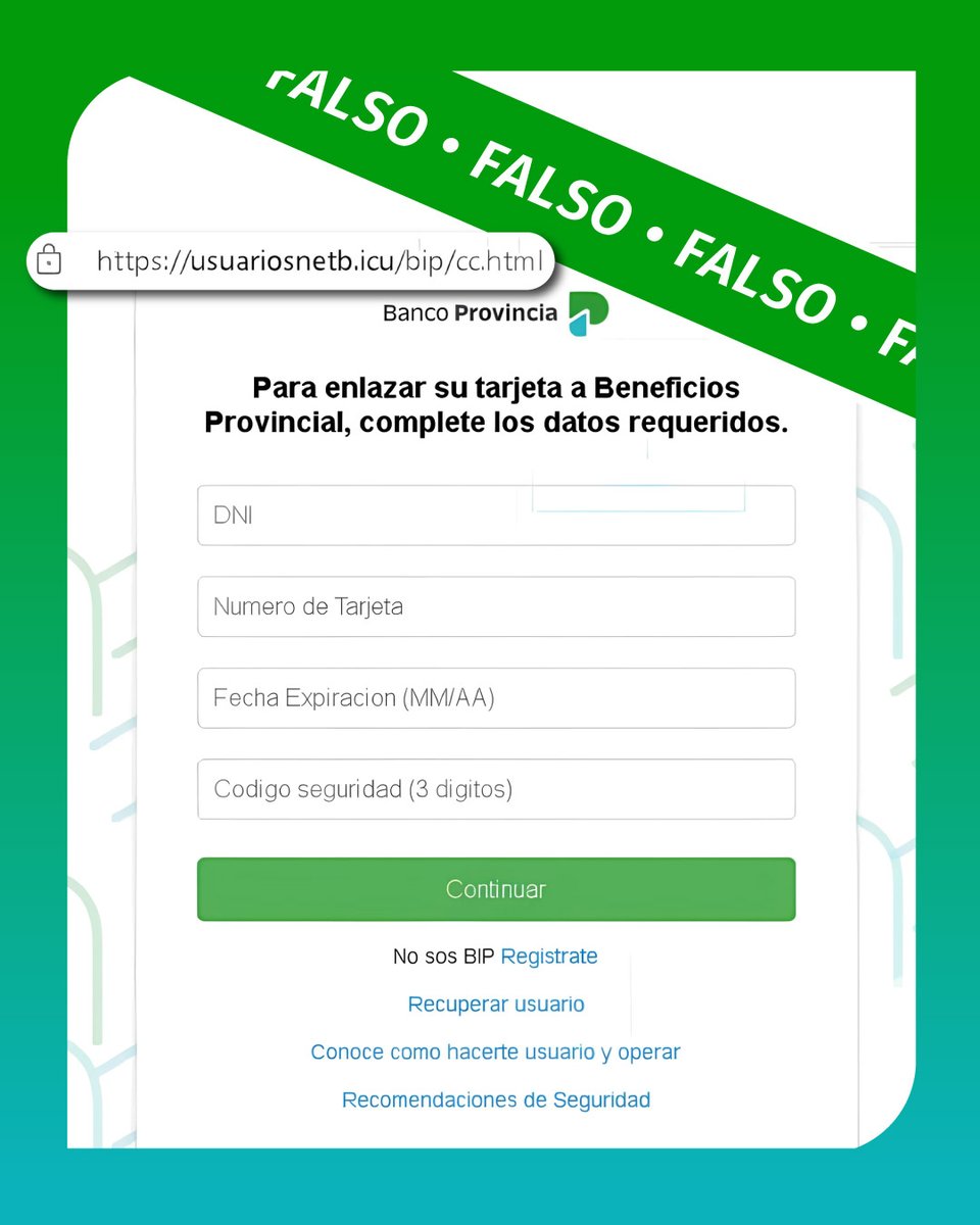 bancoprovincia's tweet photo. ‼️ Atención: está circulando una página web falsa que se hace pasar por nosotros y solicita los datos de tu tarjeta de crédito. 💳

🚫 No los pongas. Nunca te vamos a pedir esa información. Te dejamos recomendaciones para que estés atento/a y cuides tu dinero. ⬇️ https://t.co/GSY4BdAcpg