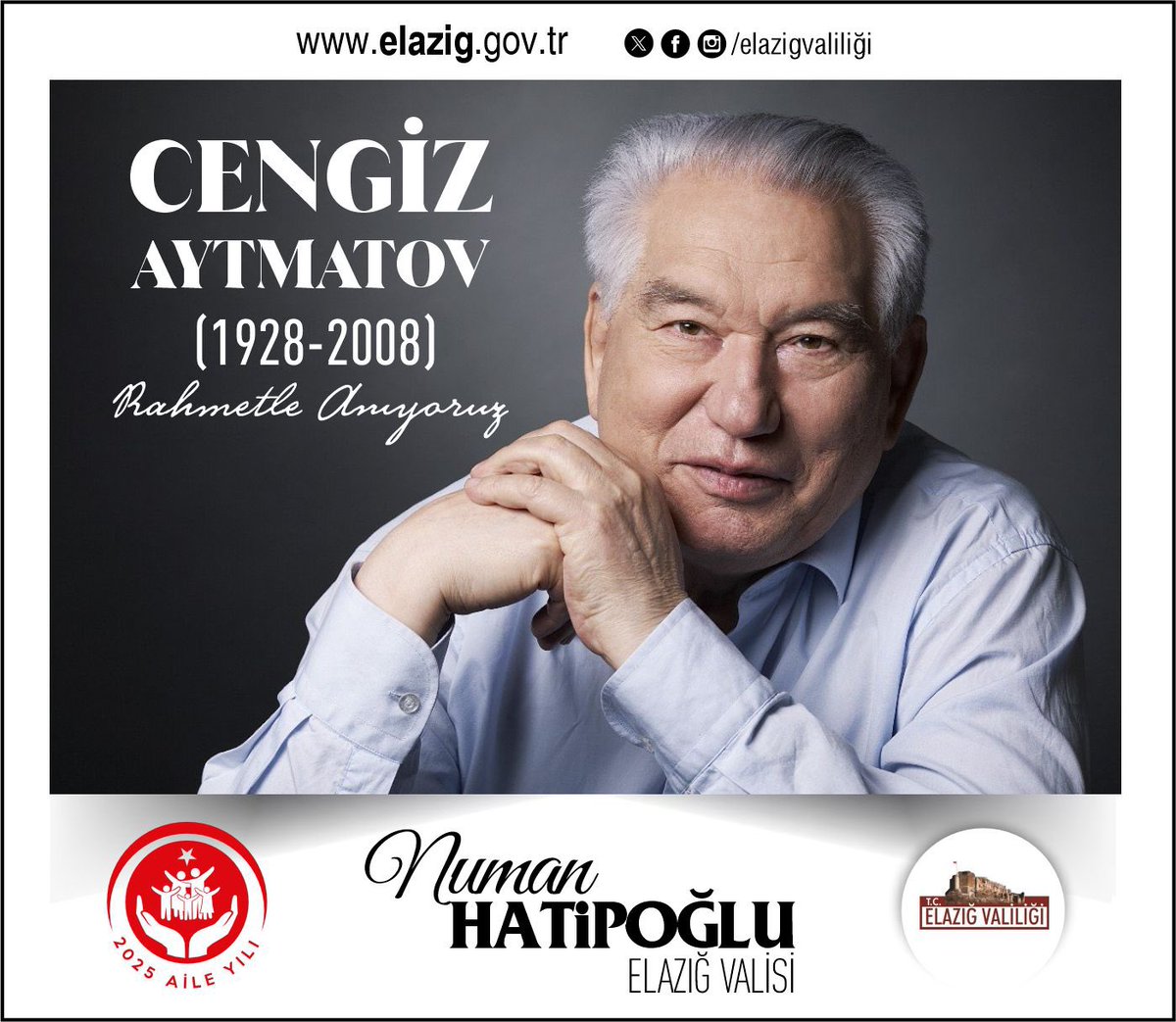 Elazığ’ımız için de çok özel hatıraları olan Cengiz Aytmatov'u Saygıyla ve Rahmetle Anıyoruz!

Büyük Kırgız yazar Cengiz Aytmatov'u aramızdan ayrılışının yıl dönümünde saygı ve rahmetle anıyorum.

Eserleriyle sadece Kırgızistan'ın değil, tüm dünyanın kültürel mirasına eşsiz