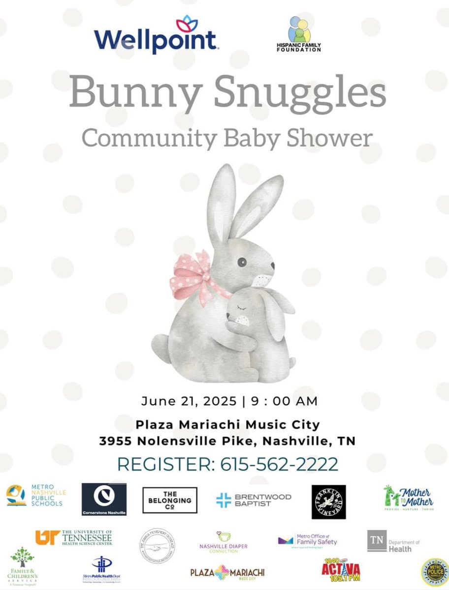 The Hispanic Family Foundation Community Baby Shower registration is still open. The baby shower is for moms who are 5+ months pregnant.

Register online: form.jotform.com/HispanicFamily…

For Information: 615-562-2222