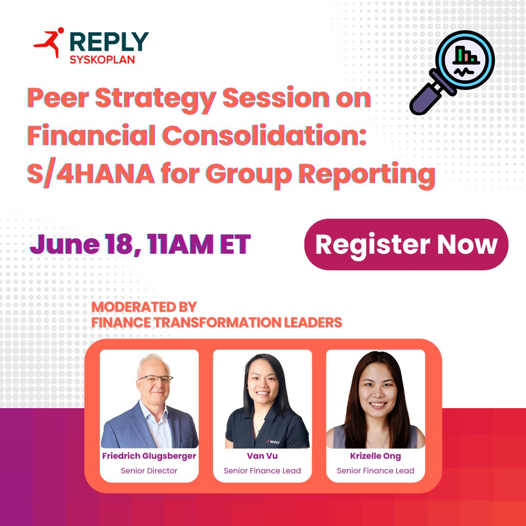 Register for interactive session on 𝐉𝐮𝐧𝐞 𝟏𝟖 𝐚𝐭 𝟏𝟏𝐀𝐌 𝐄𝐓 to dive into #Financial #Consolidation with #SAP #S4HANA for #GroupReporting: events.teams.microsoft.com/event/0db0ed84…
 ✔ Key benefits &amp; real use cases
 ✔ Implementation insights
 ✔ Live Q&amp;A tailored to your goals