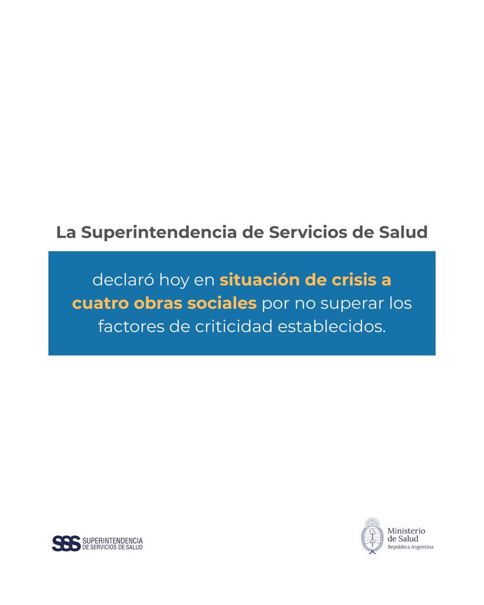 SSSALUD's tweet image. La @SSSalud declaró hoy en situación de crisis a cuatro Obras Sociales que no superaron los factores de criticidad exigidos para su funcionamiento.
Más información: argentina.gob.ar/noticias/la-su…