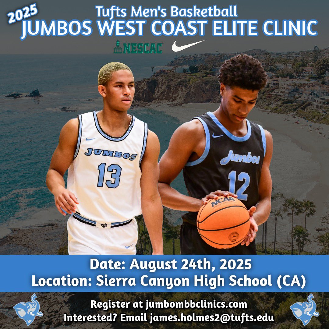 Tufts University Men’s Basketball (@tuftsmbb) on Twitter photo 🚨REMINDER🚨We are hosting the 2nd Annual “Jumbos West Coast Elite Clinic” on August 24th! Open to all high school prospects and hosted by our coaching staff! 🏀🐘
Registration/more information: jumbombbclinics.com 🚨REMINDER🚨We are hosting the 2nd Annual “Jumbos West Coast Elite Clinic” on August 24th! Open to all high school prospects and hosted by our coaching staff! 🏀🐘
Registration/more information: jumbombbclinics.com