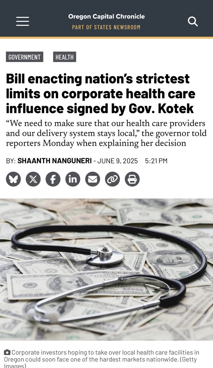 This is a HUGE deal. Oregon just became the first state to end private equity and corporate control of doctor and clinical practices. Massive loss for UnitedHealth, Amazon, pe, huge win for patients and doctors. oregoncapitalchronicle.com/2025/06/09/bil…