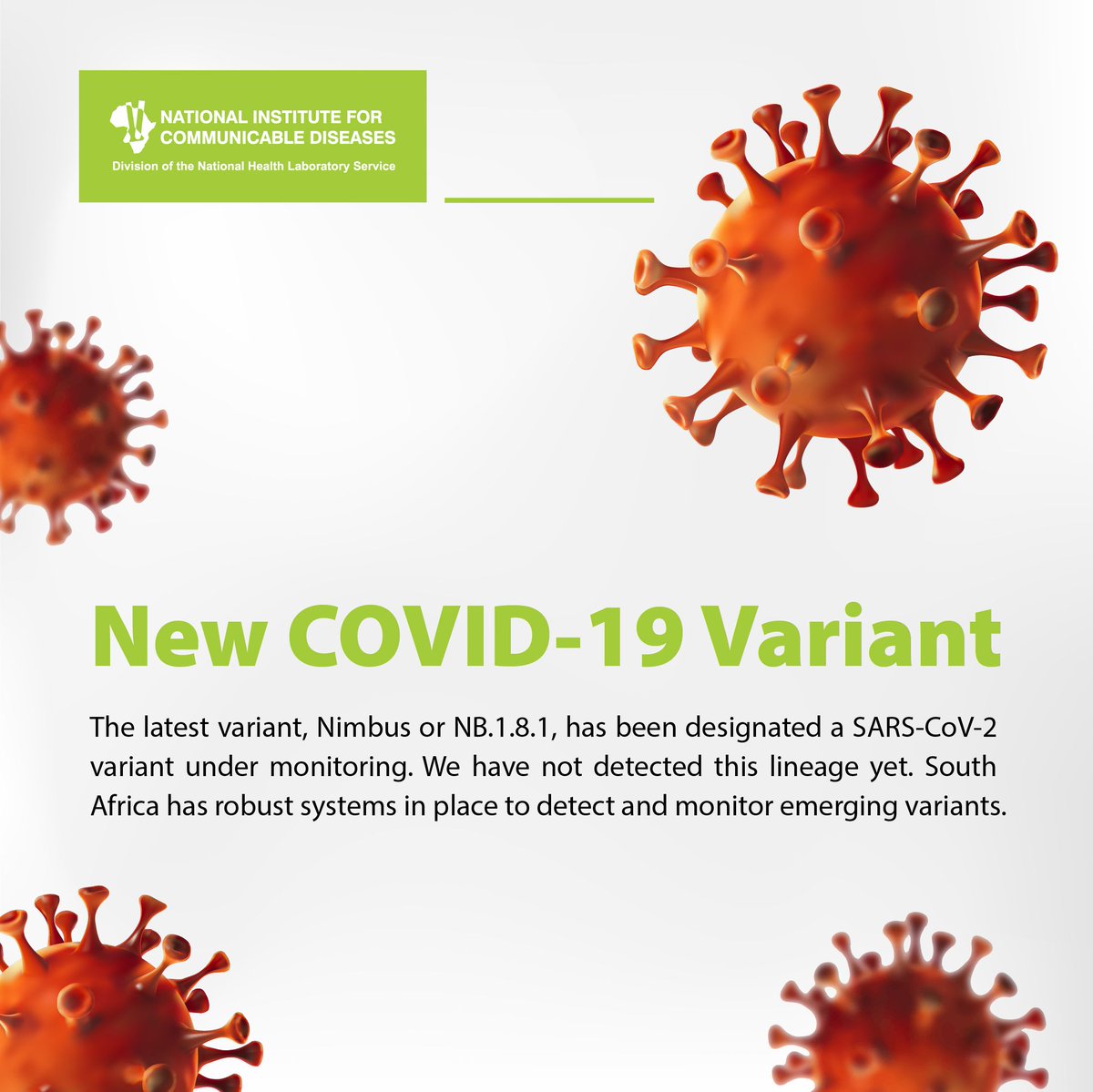 nicd_sa's tweet photo. We are monitoring the emergence of a new COVID-19 variant, identified in several Asian countries. 

The latest variant, Nimbus or NB.1.8.1, has been designated a SARS-CoV-2 variant under monitoring. https://t.co/Bqg2weZAXk